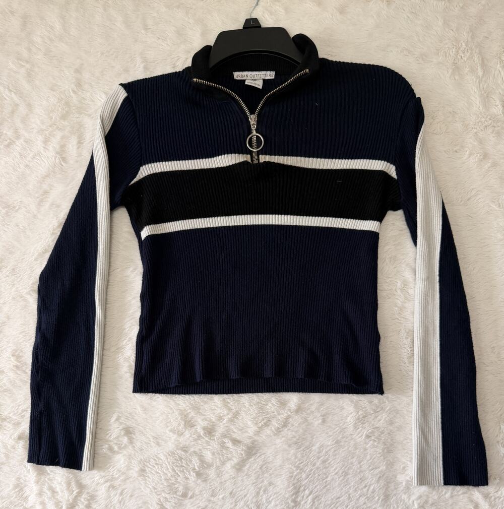 Urban Outfitters Sweater Womens Small Navy Blue Striped 1/4 Ring Zip Ribbed Knit